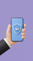  Phone Security: Hand Holding Secure Smartphone with Lock Shield. Privacy Protection, Data Safety & Mobile Security Concept