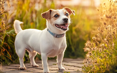 Obraz premium A joyful white Jack Russell Terrier enjoys the sunlight in nature. The bright background and playful energy capture the essence of a happy outdoor moment.