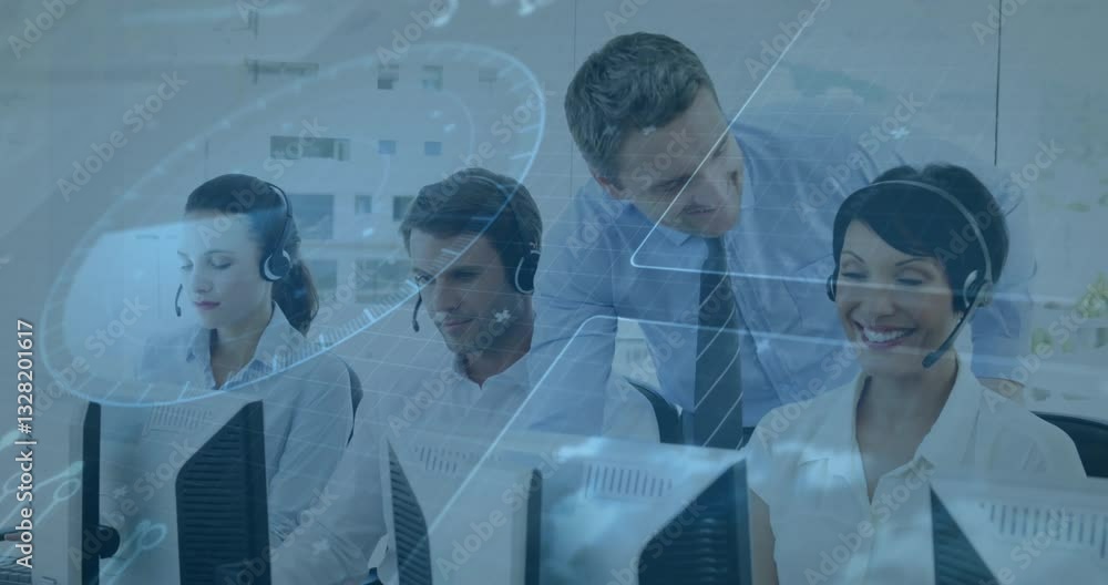 Poster working at computers, customer service team using animation interface in office