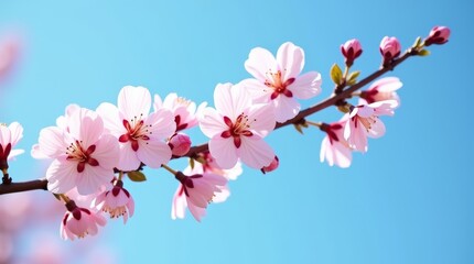 Obraz premium Delicate pink sakura blossoms blooming against a soft blue bky in bpringtime, close up