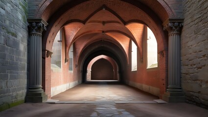 Empty brick tunnel archway made of red bricks as a passage between the two wings of a medieval castle
