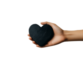 Hand Holding Black Heart, Concept of Grief, Loss, Sadness, Broken Love, Mental Health, Support, Empathy.