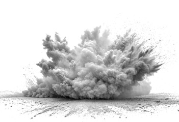 This image shows an explosion of powder in black and white, creating a dramatic burst of clouds and particles. The monochrome effect emphasizes the texture and movement, making it look like a powerful