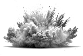 This image shows an explosion of powder in black and white, creating a dramatic burst of clouds and particles. The monochrome effect emphasizes the texture and movement, making it look like a powerful