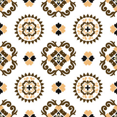 Brown ethnic boho seamless pattern. Traditional floral ornament. Tribal pattern. Folk motif.
Victorian style. Wallpaper, rugs, carpets, and curtains.