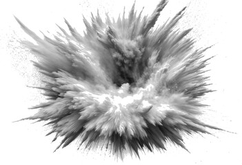 This image shows an explosion of powder in black and white, creating a dramatic burst of clouds and particles. The monochrome effect emphasizes the texture and movement, making it look like a powerful