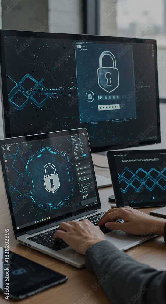 Poster cybersecurity at work: protecting data with laptops, desktops, and tablets. lock icon for security c