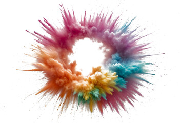 This image shows an explosion of colorful powder in the air, with bright bursts of yellow, blue, and pink against a white background. It looks like a vibrant mix of paint or Holi festival colors erupt