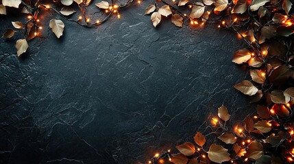 Christmas lights frame overlay with small golden leaves on black stone background, providing an elegant, seasonal backdrop for adding personalized messages or promotional content during holidays