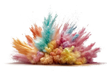 This image shows an explosion of colorful powder in the air, with bright bursts of yellow, blue, and pink against a white background. It looks like a vibrant mix of paint or Holi festival colors erupt