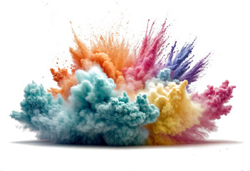 This image shows an explosion of colorful powder in the air, with bright bursts of yellow, blue, and pink against a white background. It looks like a vibrant mix of paint or Holi festival colors erupt