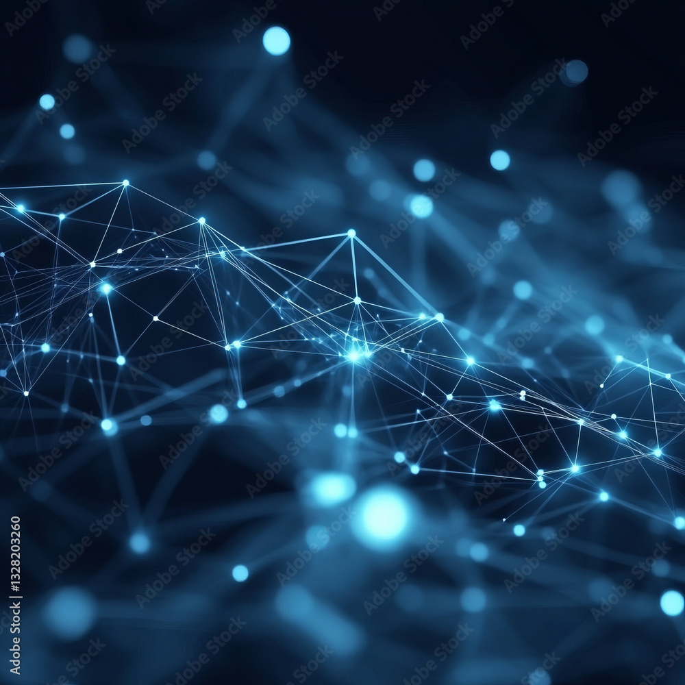 Poster glowing blue network of interconnected nodes and lines symbolizing digital connectivity.