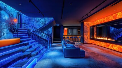 Fototapeta premium Luxurious modern entertainment room with blue and orange lighting