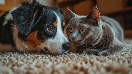 A fluffy orange tabby cat and a playful golden retriever puppy are peacefully curled up together on a soft, patterned carpet, basking in the warm afternoon sunlight.