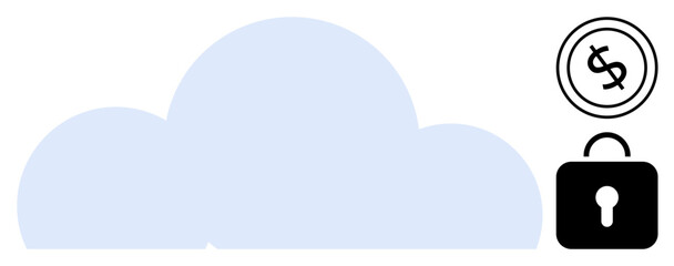 Cloud shape paired with a dollar sign and locked padlock. Ideal for technology, finance, security, privacy, digital safety, data management, modern business. Flat simple metaphor