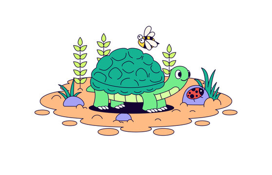 An adorable illustration of a green turtle with a bee and a ladybug in a garden setting. Perfect for children's books, designs about nature