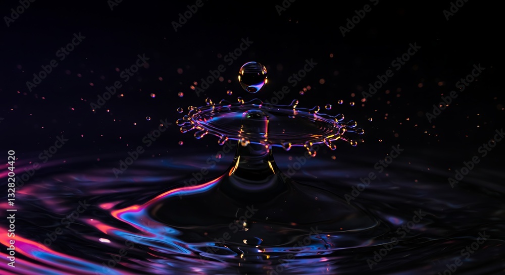 Poster water drop collision creating ripples and splash with vivid colors
