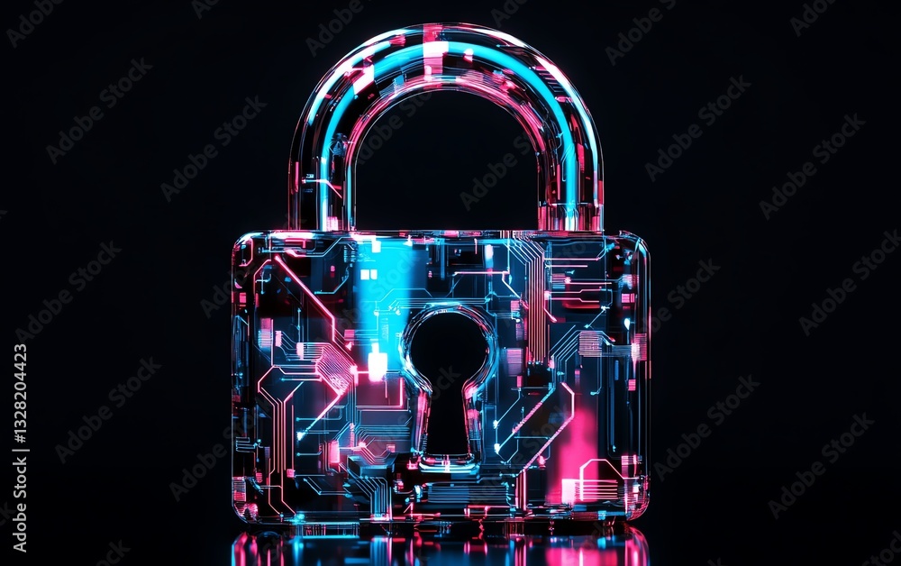 Aufkleber vibrant digital padlock with blue and pink circuitry patterns, sleek black backdrop, symbolizing adv