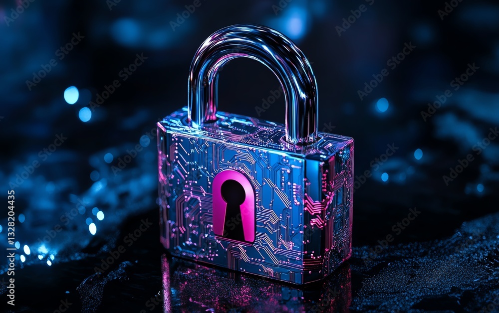 Aufkleber vibrant digital padlock with blue and pink circuitry patterns, sleek black backdrop, symbolizing adv
