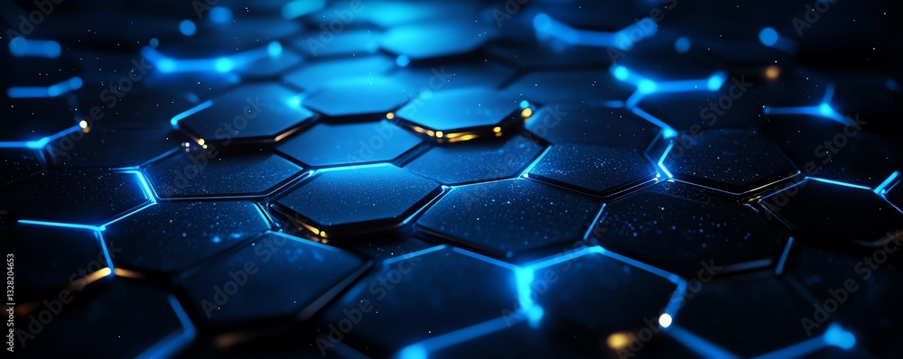 Poster abstract futuristic vector background featuring a glowing blue hexagon grid pattern on a dark black 
