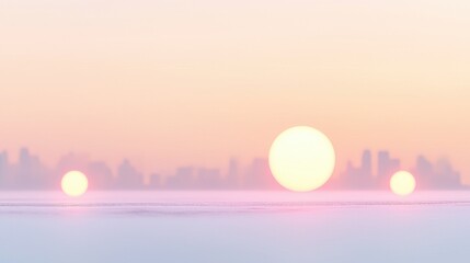 A serene sunset over a city skyline, featuring soft pastel colors and three large suns reflecting on the water.