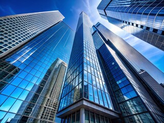Obraz premium Modern Skyscrapers, City Architecture, Glass Buildings, Urban Skyline, Clear Blue Sky Stock Photo