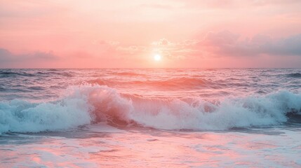 Fototapeta premium A serene sunset over the ocean, with gentle waves and a pastel sky creating a tranquil atmosphere.