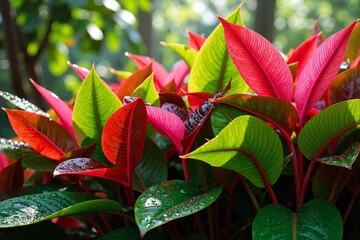 Vibrant Tropical Foliage of Alternanthera Plant Showing Striking Contrast Between Bright Red and Fresh Green Leaves in Natural Sunlight with Glossy Water Droplets