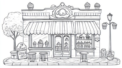 Fototapeta premium Charming cupcake shop drawing, exterior view, street scene, graphic design, possible use for coloring book or print