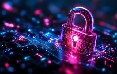Futuristic digital padlock glowing with blue and pink circuitry patterns, set against a sleek black background, representing cybersecurity