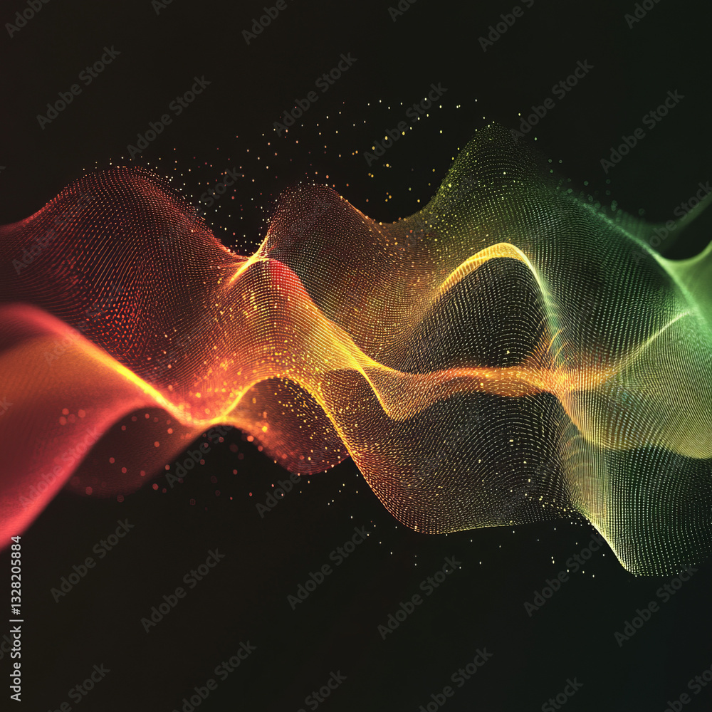 Poster vibrant flowing waves of red, orange, and green light creating a dynamic digital pattern.