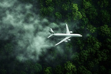 Fototapeta premium Airplane Flying Above Green Forest Clouds