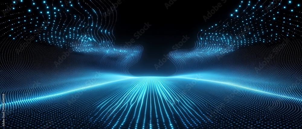 Poster neon blue hexagon grid on a black background, futuristic vector design with glowing hexagons and vib