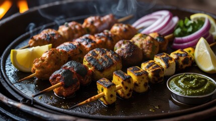 A sizzling platter of assorted tandoori kebabs—chicken tikka, paneer tikka, and seekh kebabs—charred to perfection with smoky grill marks. Freshly cut onions, lemon wedges, and green chutney on the si