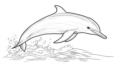 Naklejka premium Dolphin jumping out of water, profile view, simple line art, educational, for children, or biology books