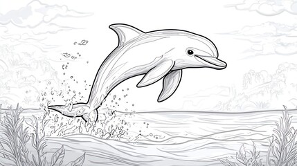 Dolphin jumping in ocean, stylized illustration, coloring book