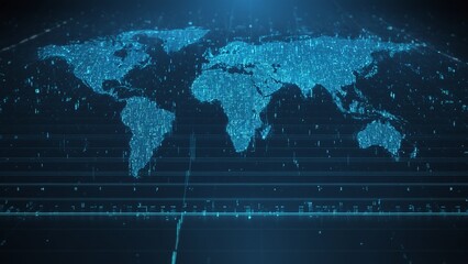 Naklejka premium Digital World Map: A High-Tech Visualization of Global Connectivity, Data Networks, and Technological Advancement in an Immersive Blue Glow.