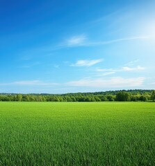 Fototapeta premium Lush Green Field Under a Clear Blue Sky with Wispy Clouds and Vibrant Trees in the Background on a Sunny Day in Nature