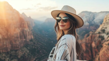 Naklejka premium Serene woman in hat and sunglasses enjoying breathtaking canyon vista during golden hour sunset in peaceful nature setting embodying travel and adventure