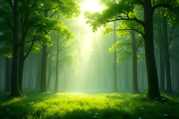 Obraz premium Enchanting forest a serene nature escape lush greenery tranquil environment illuminated viewpoints peaceful concept