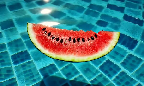 Watermelon slice floating on a blue pool