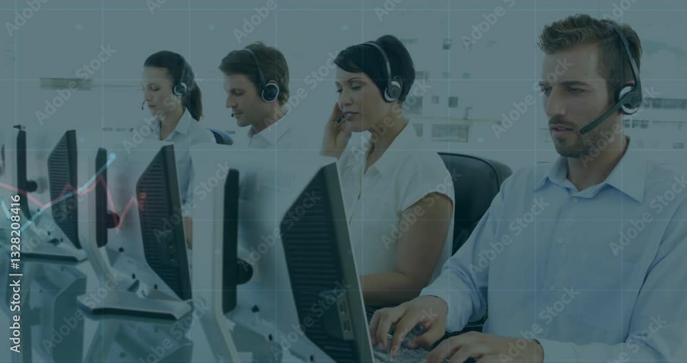 Poster working on computers, customer service team with stock market data animation overlay