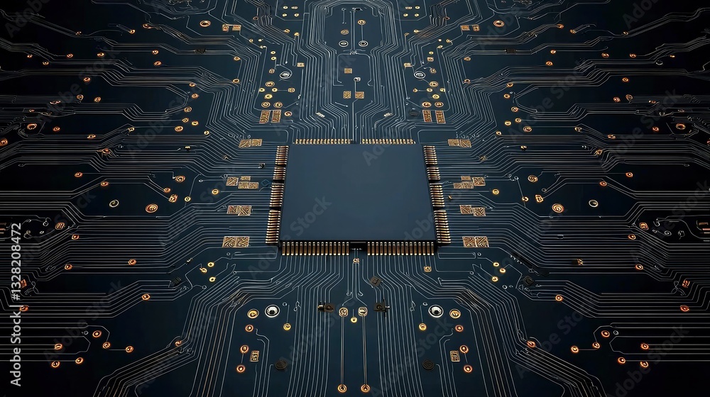 Poster close-up of a central processing unit (cpu) on a circuit board. the cpu is square and dark-colored, 