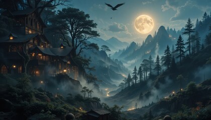 Mysterious full moon illuminating enchanted forest aesthetic landscape photography nighttime wilderness serene atmosphere
