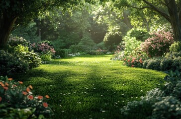 Obraz premium Lush Green Garden Scene with Vibrant Flowers and Sunlight Filtering Through Trees in a Peaceful Natural Setting