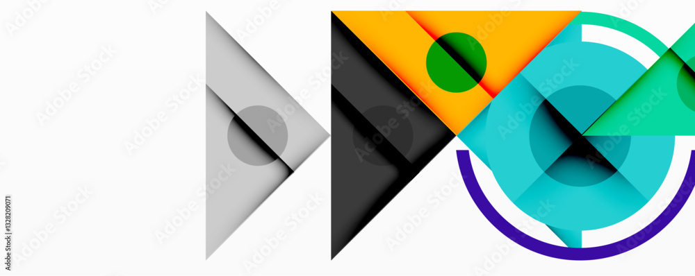 Wall mural geometric abstract design with layered triangles, circles, and gradients, forming a structured patte