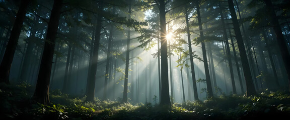 Mystical forest sunrise exploration enchanted woodland natural landscape serene environment eye-level viewpoint tranquility