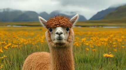 Fototapeta premium Alpaca standing in a field of yellow flowers