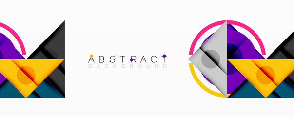 Abstract geometric composition with intersecting triangles, circles, and gradients, creating a dynamic layered pattern with depth and contrast