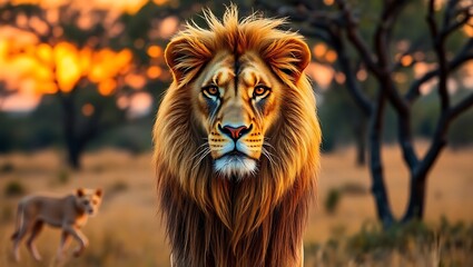 Fototapeta premium Majestic Roaring Lion in the African Savanna at Dusk